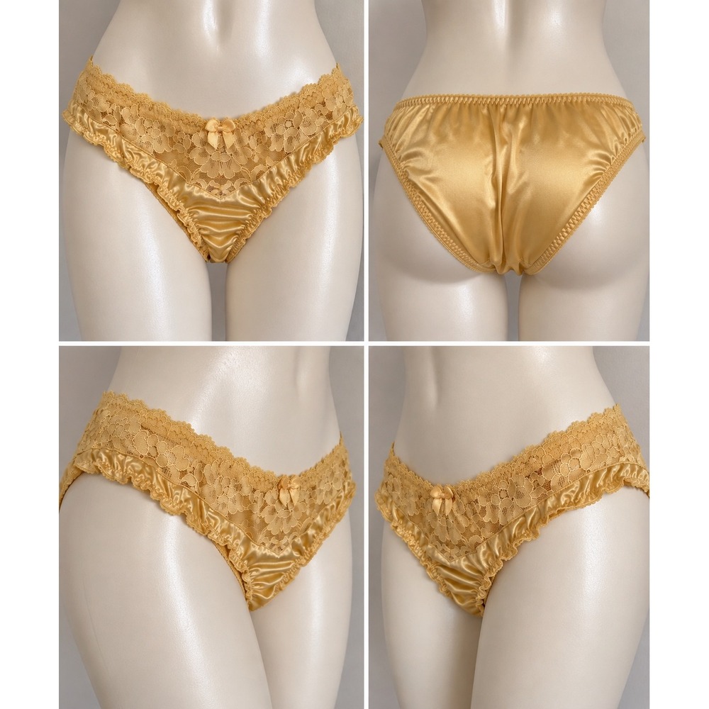 Vintage Victoria's Secret Gold Satin Lace Bikini Panty M 90s Y2K 1296